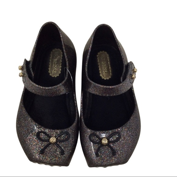 Mini Melissa Black Mary Jane Ballet Flats Glitter Shoes - Picture 2 of 7